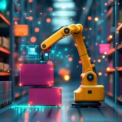 Poster - Robotic arm meticulously organizing and transporting shipping containers in a high tech logistics warehouse with control systems overseeing the efficient