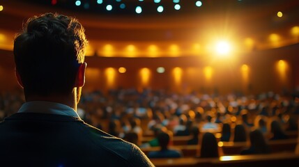 a speaker addresses a large audience in a conference hall, illuminated by stage lights and a focus o