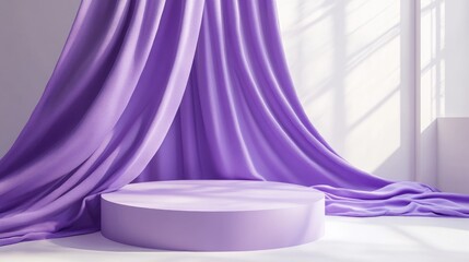 Aufkleber - 3D mock up podium featuring draped lavender fabric Abstract modern platform ideal for product or cosmetics display Vibrant stylish contemporary backdrop Rendered scene