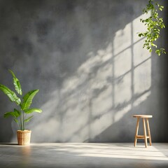 Poster - Sleek monochrome presentation room with slate gray palette bare walls and floor window shadow across podium and digital mock up bathed in natural light