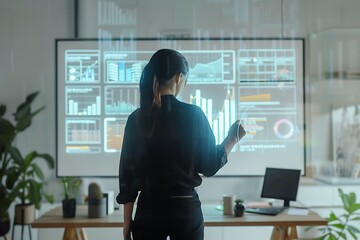 Aufkleber - A business professional analyzing floating holographic financial data and interactive charts in a modern office