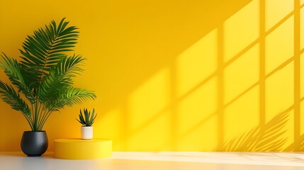 Poster - Minimalist 3D studio room with yellow background empty floor and wall product podium for display shadow overlay from window to countertop