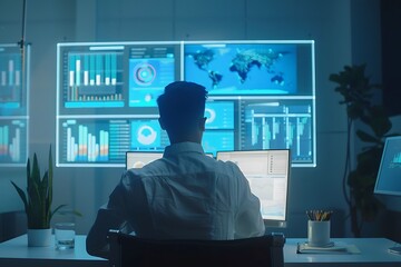 Aufkleber - A business professional analyzing floating holographic charts and financial reports in a minimalist office setting