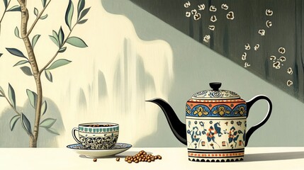 Aufkleber - Coffee Beans in Pot and Cup on Table