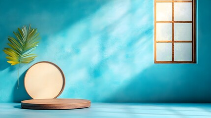 Poster - Minimalist 3D studio room with periwinkle background empty floor and wall product podium shadow overlay from window to countertop mockup with soft sunlight   a clean contemporary