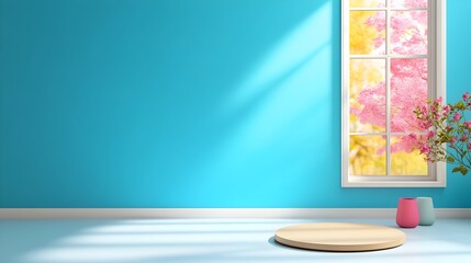 Poster - Minimalist 3D studio room with periwinkle background empty floor and wall product podium shadow overlay from window to countertop mockup with sunlight