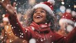 © BajimBa - Joyful Child in a Red Coat and Santa Hat Enjoying a Snowy Winter Celebration With Sparkling Lights at Night