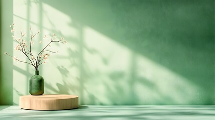 Poster - Minimalist 3D studio room with olive green background empty floor and wall product podium natural sunlight and shadow overlay mockup for interior design or product display