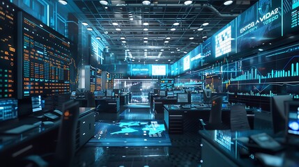 Poster - A busy trading floor with holographic stock tickers and market data floating above workstations