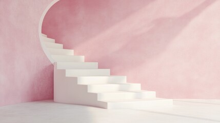 Aufkleber - 3D rendering of an abstract minimalistic background featuring pink and white stairs with a podium in pastel shades