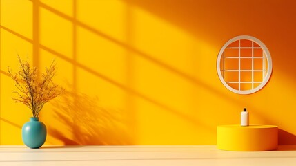 Poster - Minimalist and contemporary 3D studio room with an empty yellow background a central product podium and natural lighting from a window creating a shadow overlay on the countertop