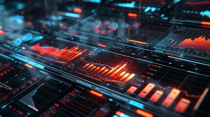 Poster - A digital rendering of a futuristic financial interface with floating holographic data analytics and interactive graphs