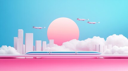 Wall Mural - An illustration depicting a futuristic city with innovative public transportation systems like flying cars and hyperloop trains.