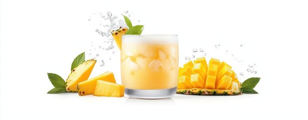 Refreshing pineapple drink with ice and fresh slices, white isolate background