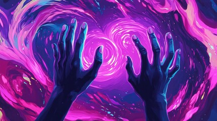 Aufkleber - A vibrant illustration featuring hands surrounded by swirling neon lights in pink and purple producing a captivating and futuristic abstract visual