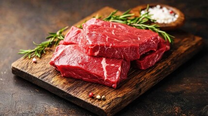 Close up of raw beef top side on a rustic wooden board