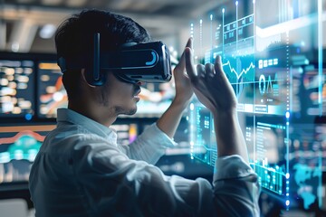 Aufkleber - A financial analyst using virtual reality goggles to view floating holographic financial reports