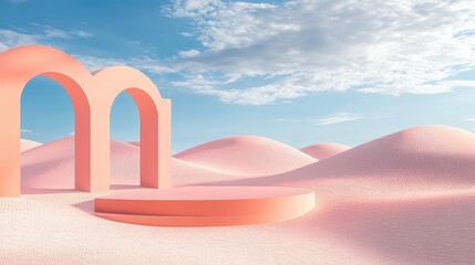 Aufkleber - 3D rendering of an abstract surreal pastel landscape featuring arches and a podium for product display panoramic perspective vibrant dune scene with ample copy space blue sky with clouds minimalis