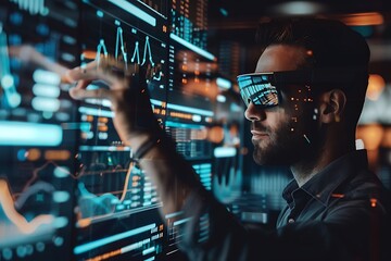 Aufkleber - A financial analyst using virtual reality goggles to view floating holographic financial reports