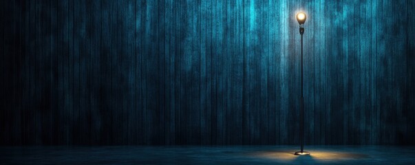 Dimly lit urban street lamp against a textured dark blue wall, creating an atmospheric and mysterious nighttime scene.