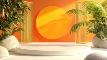 Aufkleber - 3D rendering of a minimalist display podium featuring a summer themed backdrop