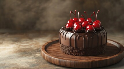 Poster - 2D cartoon style mini chocolate cherry cake presented on a wooden plate with a textured background