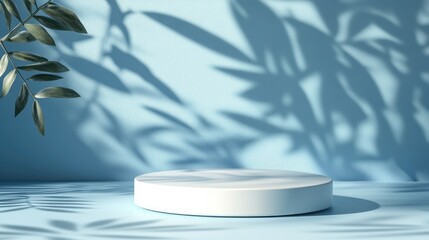 Aufkleber - Abstract vacant white podium cast with leaf shadows on a blue backdrop 3D rendered display for product showcasing Minimalistic design Advertising template