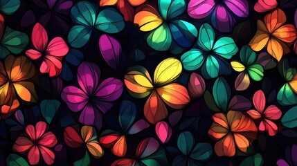 Aufkleber - Abstract illustration featuring vibrant fantasy flowers in a colored mosaic pattern against a black background