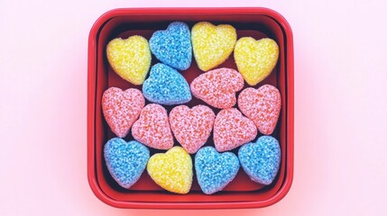 Aufkleber - Colorful Heart Shaped Candies in a Red Box on a White Background Concept for Sweet Celebrations with Copy Space