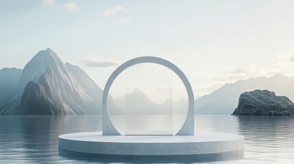 Poster - 3D render of a circular podium on water featuring a glass wall an arch and mountains Minimalistic mockup for product presentation Contemporary design promotional display Geometric background with