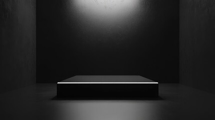 Poster - 3D rendered illustration depicting an advertising presentation stand on a dark background featuring a lit black square podium Empty display area