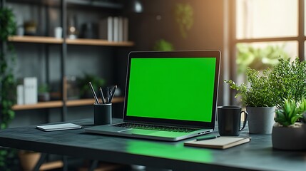Poster - A modern workspace featuring a laptop with a green screen, surrounded by plants, stationery, and a bright, inviting atmosphere.