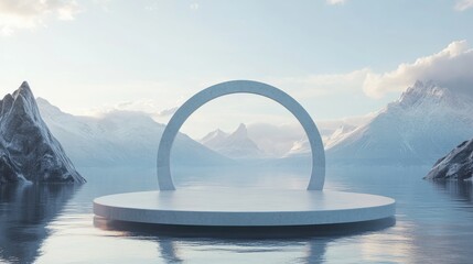 Poster - 3D render of a circular podium on water featuring a glass wall an arch and mountains Minimalistic mockup for product presentation Contemporary design promotional display Geometric background with