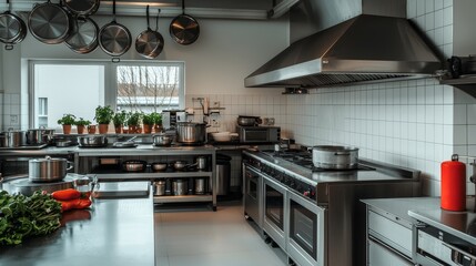 Professional Stainless Steel Commercial Kitchen with Modern Layout and Bright Lighting, Food Preparation Workspace in Restaurant Setting