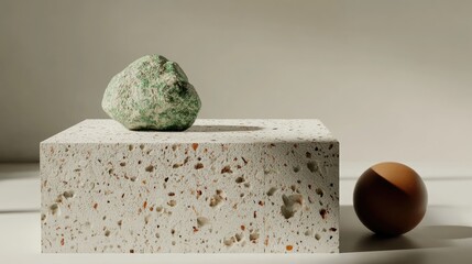 Aufkleber - 3D rendering of a square podium featuring terrazzo texture accompanied by a green rock and a brown ball