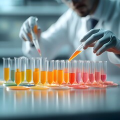 Poster - Focused Scientist Pipetting Colorful Liquid Reagents into Glass Petri Dishes for Detailed Medical or Biological Study in a Clean Laboratory Interior