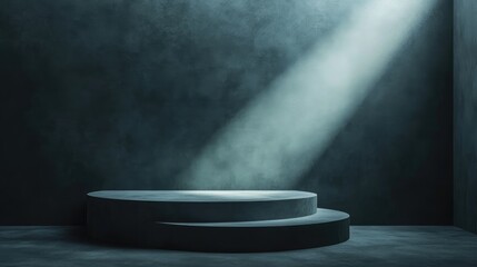 Poster - 3D rendering of an abstract minimalist background featuring steps and an empty podium for product display A stylish dark showcase scene highlighted by a bright spotlight