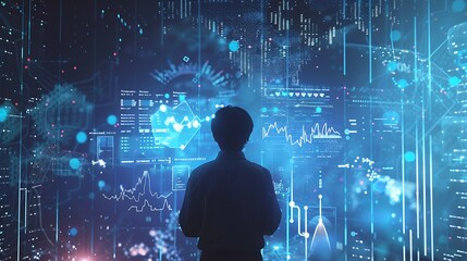 Aufkleber - A financial expert surrounded by holographic charts and interactive data visualizations in mid-air.