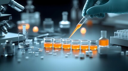 Poster - A dedicated scientist carefully pipetting a precise solution into multiple sample containers for in depth laboratory testing using laboratory equipment in a meticulously organized workspace