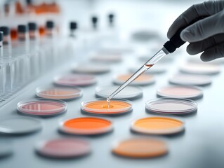 Poster - Skilled scientist meticulously and precisely conducting a laboratory experiment with glass dropper and petri dishes filled with liquids focused on the intricate process and clinical