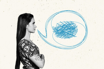 Poster - Composite trend artwork sketch collage of copyspace monochrome young woman stand face profile speech cloud selfie talk chatting mind bulb