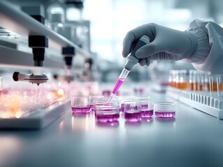 Poster - Precise Pipetting of Vibrant Purple Liquid in State of the Art Laboratory with Rows of Analytical Equipment and Bright Airy Technological Sophistication