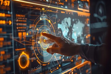Aufkleber - A futuristic banking app interface projected in mid-air, showcasing real-time transactions and trends