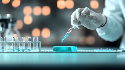 Poster - Scientist Carefully Measuring Vibrant Blue Liquid in Pristine Lab for Scientific Experiment with Photographic Lighting and Contemporary Laboratory Setting