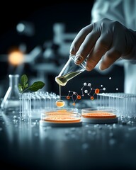 Poster - Meticulous scientist in a pristine well lit laboratory space delicately transferring liquid from a beaker into agar filled culture plates hands steady and precise clinical and analytical atmosphere
