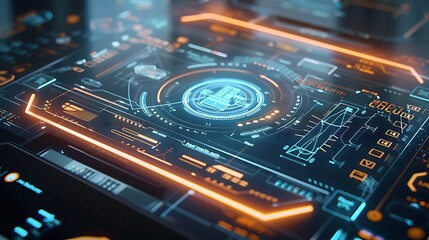 Poster - A futuristic banking app interface projected in mid-air, showcasing real-time transactions and trends