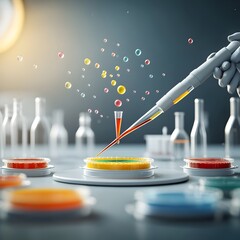 Poster - Portrait of a focused scientist pipetting colorful liquid reagents into glass petri dishes conducting medical or biological research in a clean laboratory interior with attention to detail