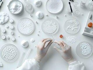 Poster - A skilled scientist meticulously adding liquids to a series of petri dishes using a glass dropper showcasing the focus precision