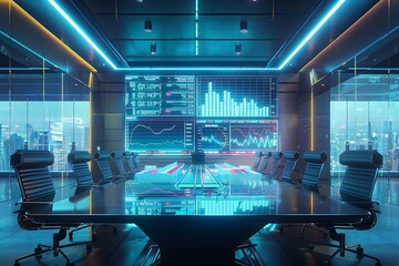 Aufkleber - A high-tech office with holographic financial reports and trend analysis floating in the air