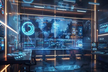 Poster - A high-tech office with holographic financial reports and trend analysis floating in the air
